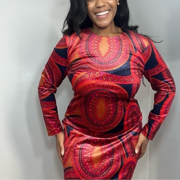 Tyler Boe orange velvet paisley print Dana midi dress bodycon long sleeve boho - Picture 8 of 13